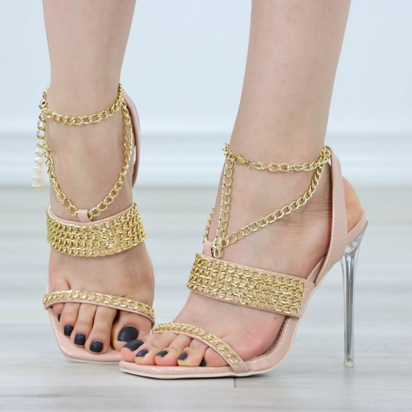 Shoes - Nude Open Toe High Heel Sandals Gold Chain  Ankle Strap Patent Leather
